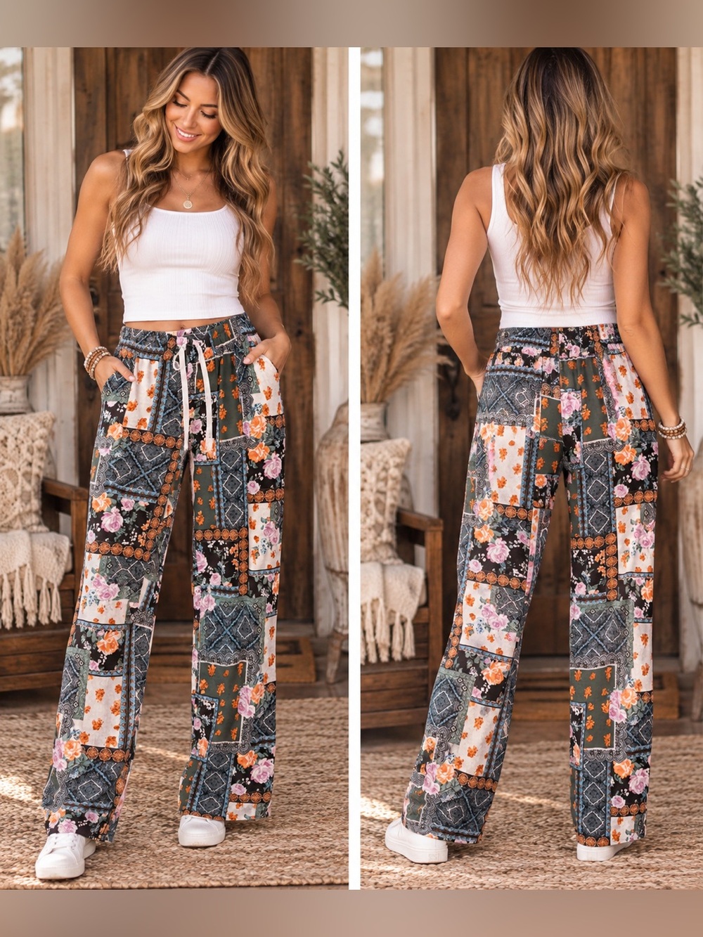Cato Olive Patchwork Floral Wide-Leg Pants